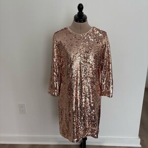 Lulus Womens Dress Size Large Main Event Rose Gold Sequin Sheath Sparkly Relaxed